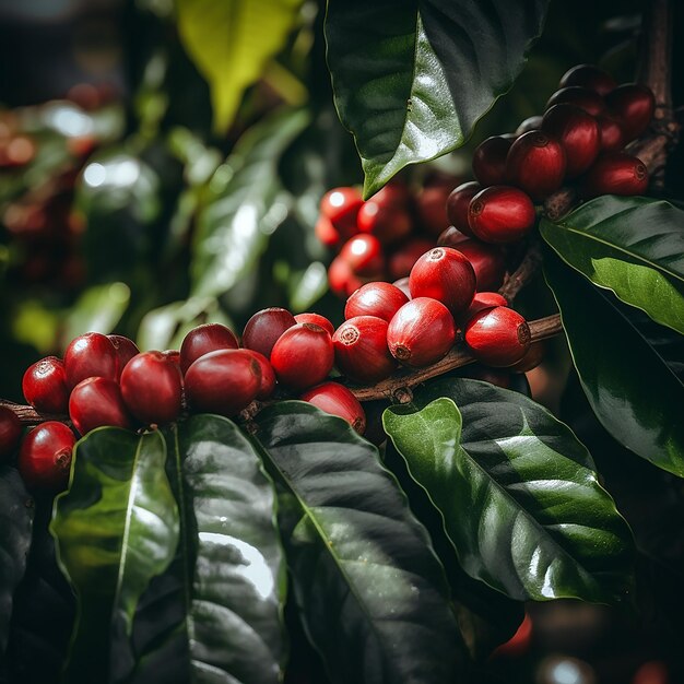 A árvore do café deixa frutos vermelhos maduros