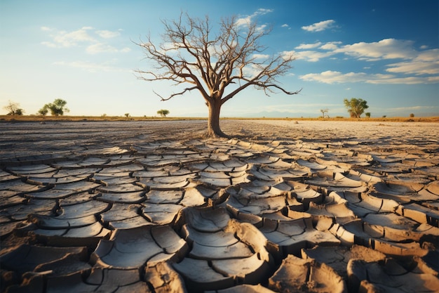 A árvore fica na terra rachada retratando a escassez de água da crise climática do aquecimento global