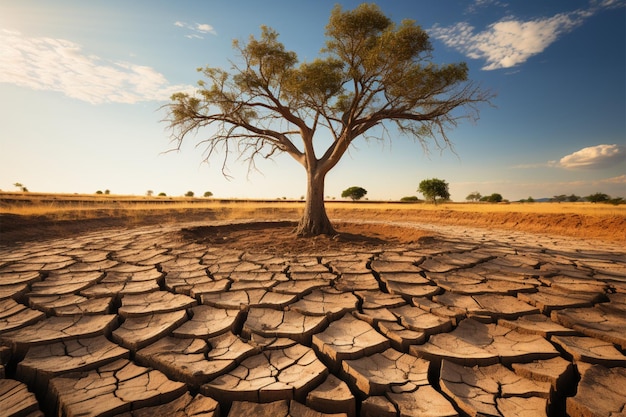 A árvore fica na terra rachada retratando a escassez de água da crise climática do aquecimento global