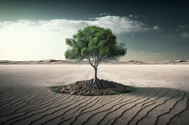 A árvore verde sozinha cresce no meio de uma terra deserta