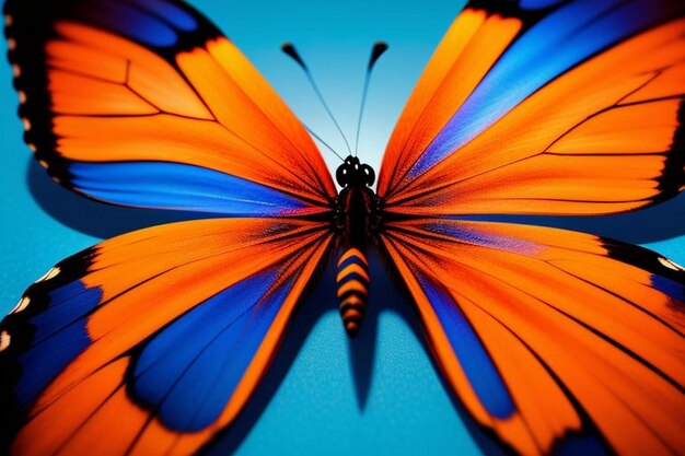 Foto a asa de borboleta em close-up, a asa da borboleta laranja e papel de parede de fundo azul