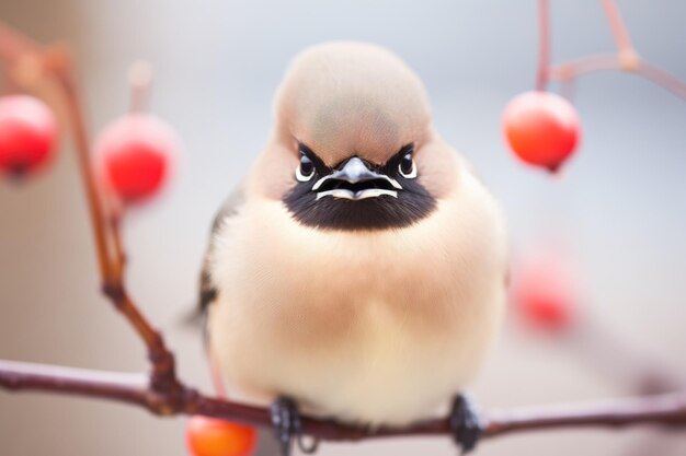 Foto a asa de cera com penas fluffed segurando uma baga