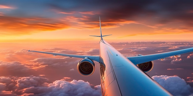 A asa do avião ao pôr-do-sol através das nuvens AI Generative