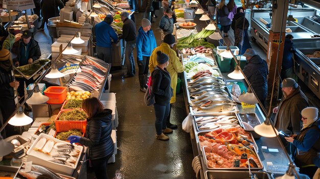 A atmosfera movimentada de um movimentado mercado de frutos do mar A variedade de mariscos frescos em exposição certamente agradará a qualquer paladar