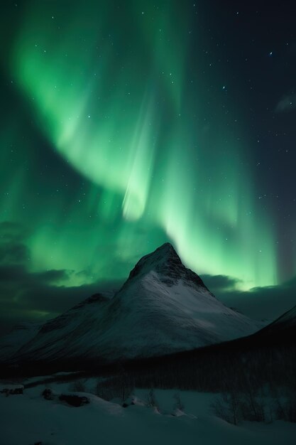 A aurora boreal brilha acima de um fundo de montanha nevada