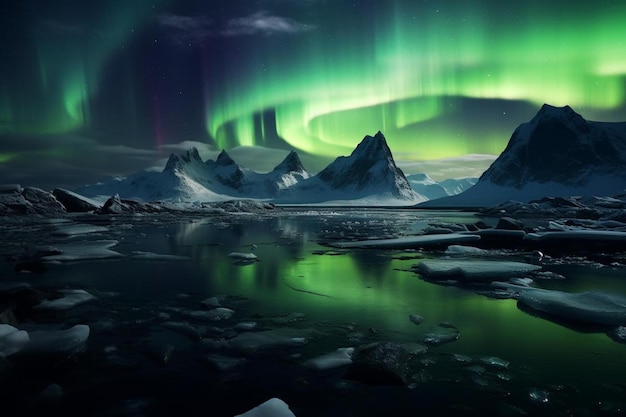 A aurora boreal é vista sobre o Oceano Ártico.