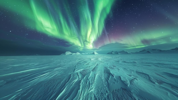 A aurora boreal ilumina o campo coberto de neve com tons azuis elétricos na escuridão