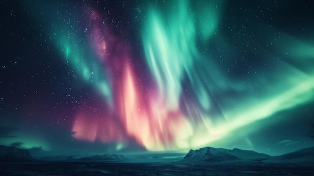 A aurora boreal pinta os céus polares com vibrantes tons de verde e rosa