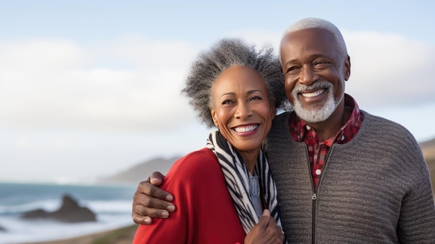 A autêntica felicidade da aposentadoria um casal afro-americano feliz desfrutando do mar e das montanhas num dia nublado na praia