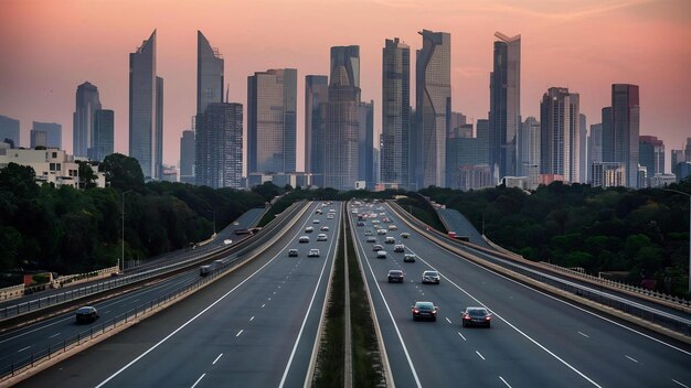 A auto-estrada e o horizonte da cidade moderna estão em Chongqing, China.