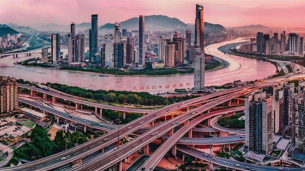 A auto-estrada e o horizonte da cidade moderna estão em Chongqing, China.