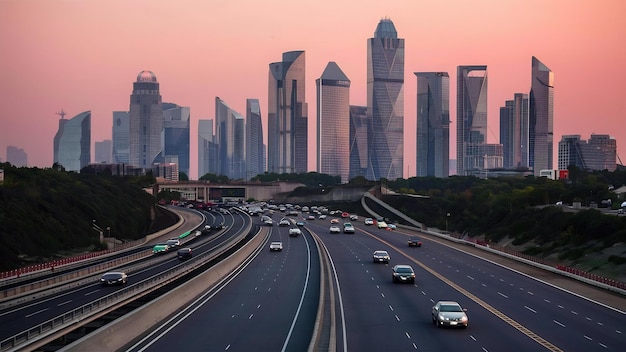 A auto-estrada e o horizonte da cidade moderna estão em Chongqing, China.