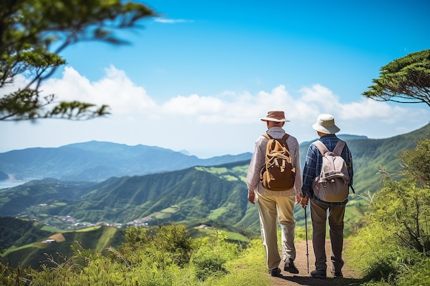 A aventura da natureza de um casal idoso caminhando por uma paisagem verdejante