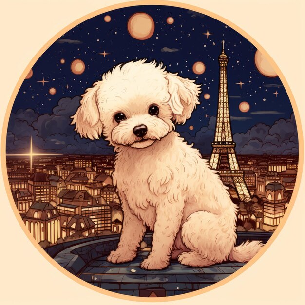 A aventura parisiense de Bichon Um distintivo de círculo radiante para testemunhar a Torre Eiffel iluminada à noite