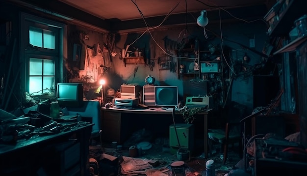 Foto a bagunça na sala da casa, o lixo e o lixo, o computador retro e a recolha de lixo, a ia geradora.