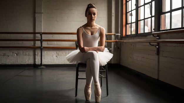 Foto a bailarina adolescente de saco branco sentada na cadeira