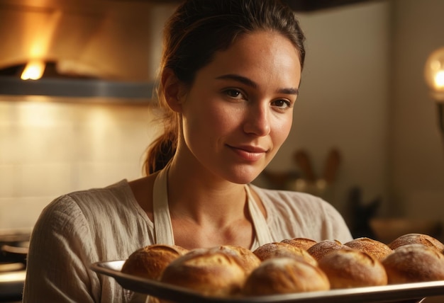 Foto a baker looks proudly at freshly baked bread the warmth and satisfaction of baking success