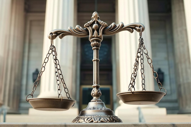 Foto a balança da justiça na frente do tribunal