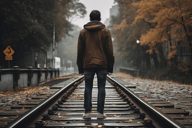 A balança ousada capturando o homem caminhando sobre os trilhos do trem