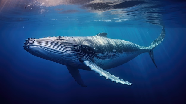 A baleia azul nadando graciosamente no profundo oceano azul a luz do sol penetrando os raios de água ao redor das baleias baleias expressão dos olhos e gotas de água