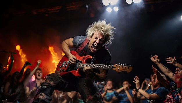 Foto a banda de rock está a tocar no palco.