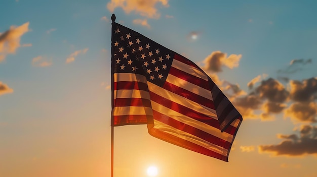 A bandeira americana a agitar-se ao pôr-do-sol