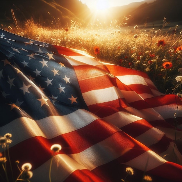 A bandeira americana banhada na luz do sol, um símbolo de patriotismo tranquilo.
