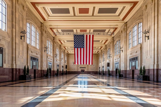 Foto a bandeira americana pendurada dentro de um edifício histórico