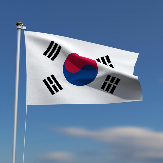 A bandeira da Coreia do Sul está a agitar-se em frente a um céu azul com nuvens desfocadas ao fundo