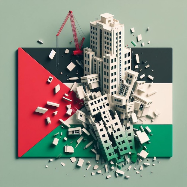 A bandeira da Palestina sobre a estrutura caída, uma ode visual à reconstrução da resiliência e à esperança renovada.