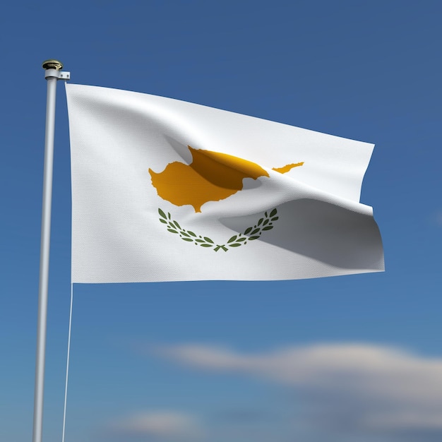 A bandeira de Chipre está a agitar-se em frente a um céu azul com nuvens desfocadas ao fundo