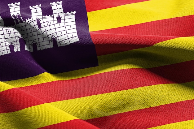 A bandeira de ilustração 3D das Ilhas Baleares é uma região da Espanha Acenando com o vento