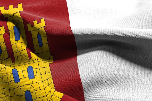 A bandeira de ilustração 3D de CastillaLa Mancha é uma região da Espanha Acenando com o vento