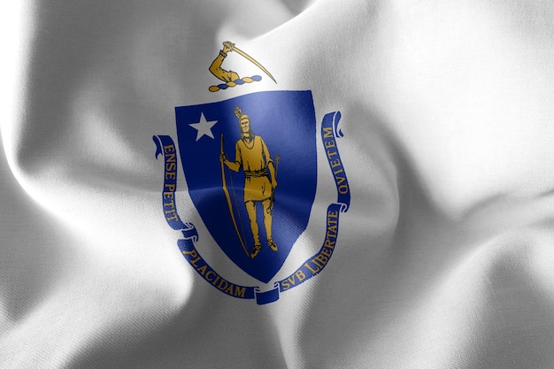 A bandeira de ilustração 3D de Massachusetts é uma região dos Estados Unidos Acenando no fundo têxtil da bandeira do vento