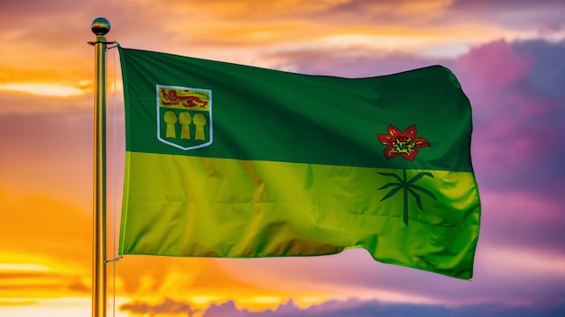 A bandeira de saskatchewan agitando contra um céu nublado