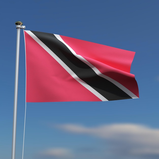 A bandeira de Trinidad e Tobago está a agitar-se em frente a um céu azul com nuvens desfocadas ao fundo