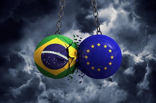 A bandeira do Brasil e as bolas políticas da União Europeia se chocam Renderização 3D