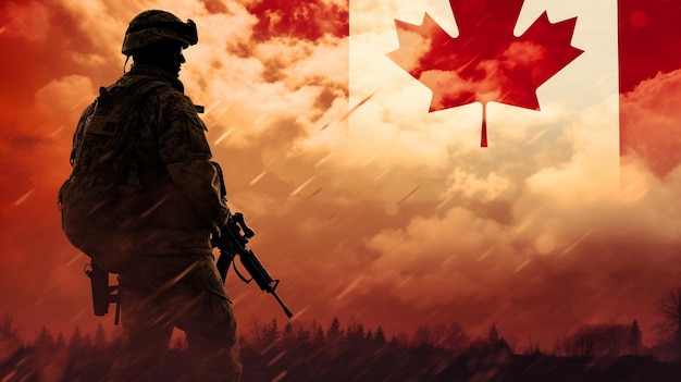 Foto a bandeira do canadá e a silhueta de um soldado apontando sua arma generative ai