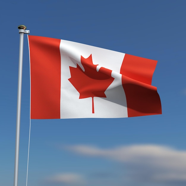 A bandeira do Canadá está a agitar-se em frente a um céu azul com nuvens desfocadas ao fundo