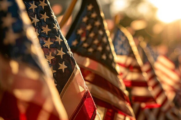 A bandeira do Dia dos Presidentes exibe uma imagem impressionante com uma exibição de bandeiras americanas em homenagem