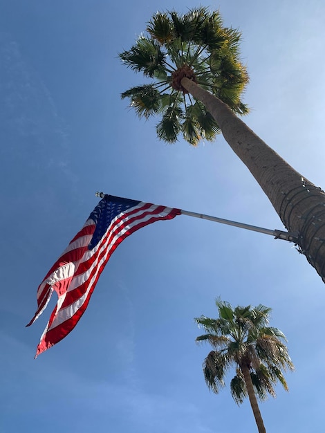 Foto a bandeira dos estados unidos a soprar no vento.