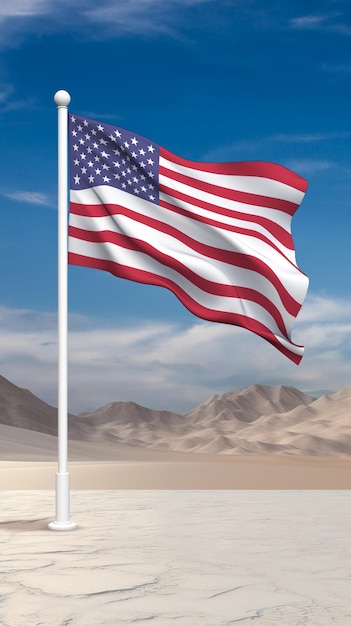 A bandeira dos Estados Unidos com o poste branco agitando alto no vento e no céu aberto