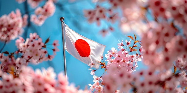 Foto a bandeira japonesa e as flores de sakura