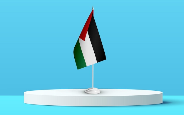 A bandeira nacional da Palestina em um pódio 3D e fundo azul.