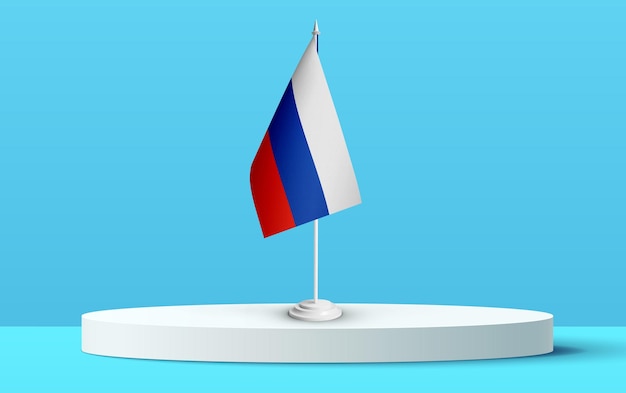 A bandeira nacional da Rússia em um pódio 3D e fundo azul.