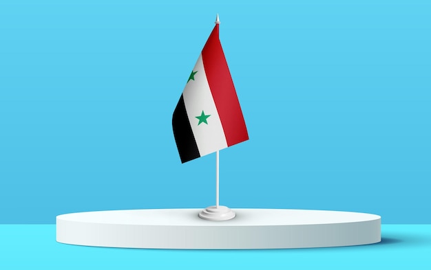 A bandeira nacional da Síria em um pódio 3D e fundo azul.