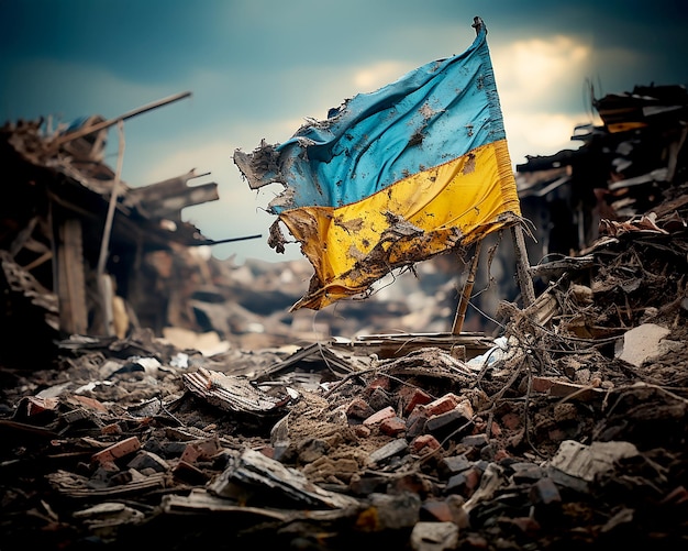 A bandeira nacional da Ucrânia voa sobre casas devastadas pela guerra. Ilustração gerada com IA