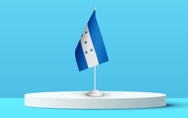 A bandeira nacional de honduras em um pódio e fundo azul.