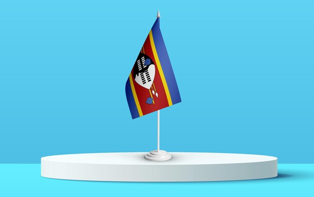 A bandeira nacional de swazilend em um pódio 3D e fundo azul.