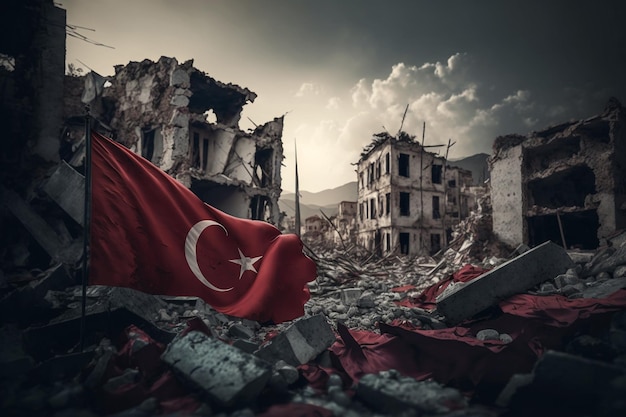 A bandeira turca sobre o estado após o desastre da tragédia da destruição das ruínas do terremoto